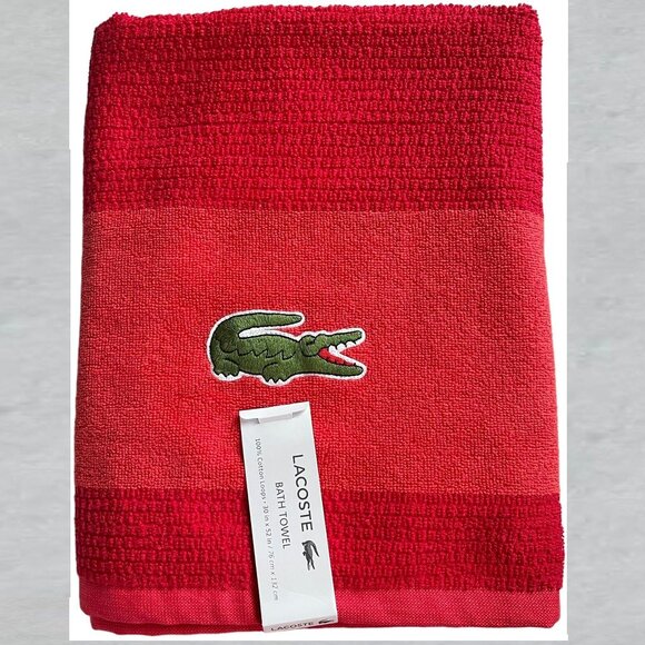 LACOSTE Red Cherry Big Crocodile Bath Towel Measures 30" x 52" - Picture 2 of 3